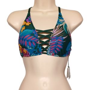 SHADE & SHORE Colorful Tropical Floral Print Criss Cross Green Bikini Top S NWT
